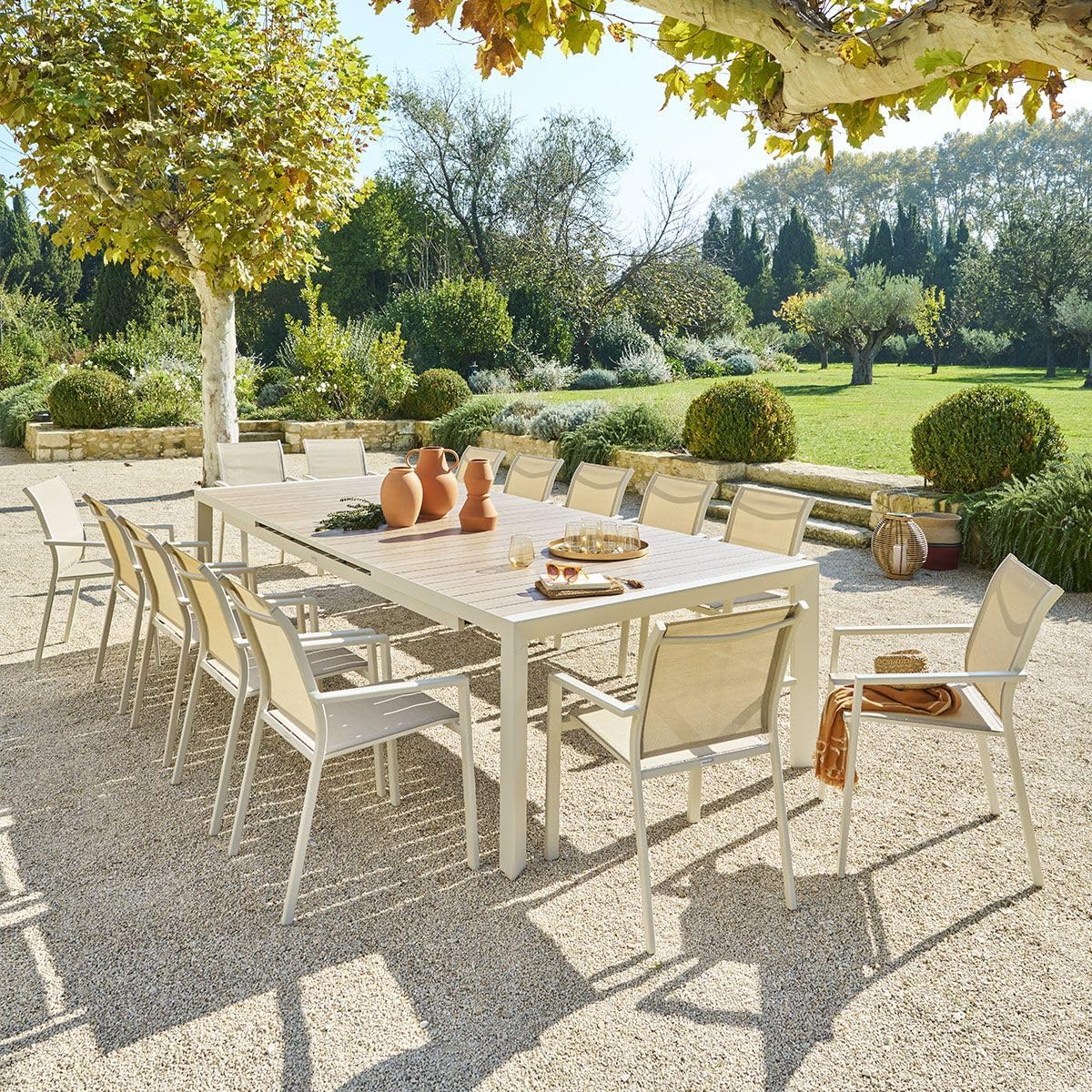 bleujardin - Evasion Argile - table extensible 14 places - aluminium bois antirouille, rallonge