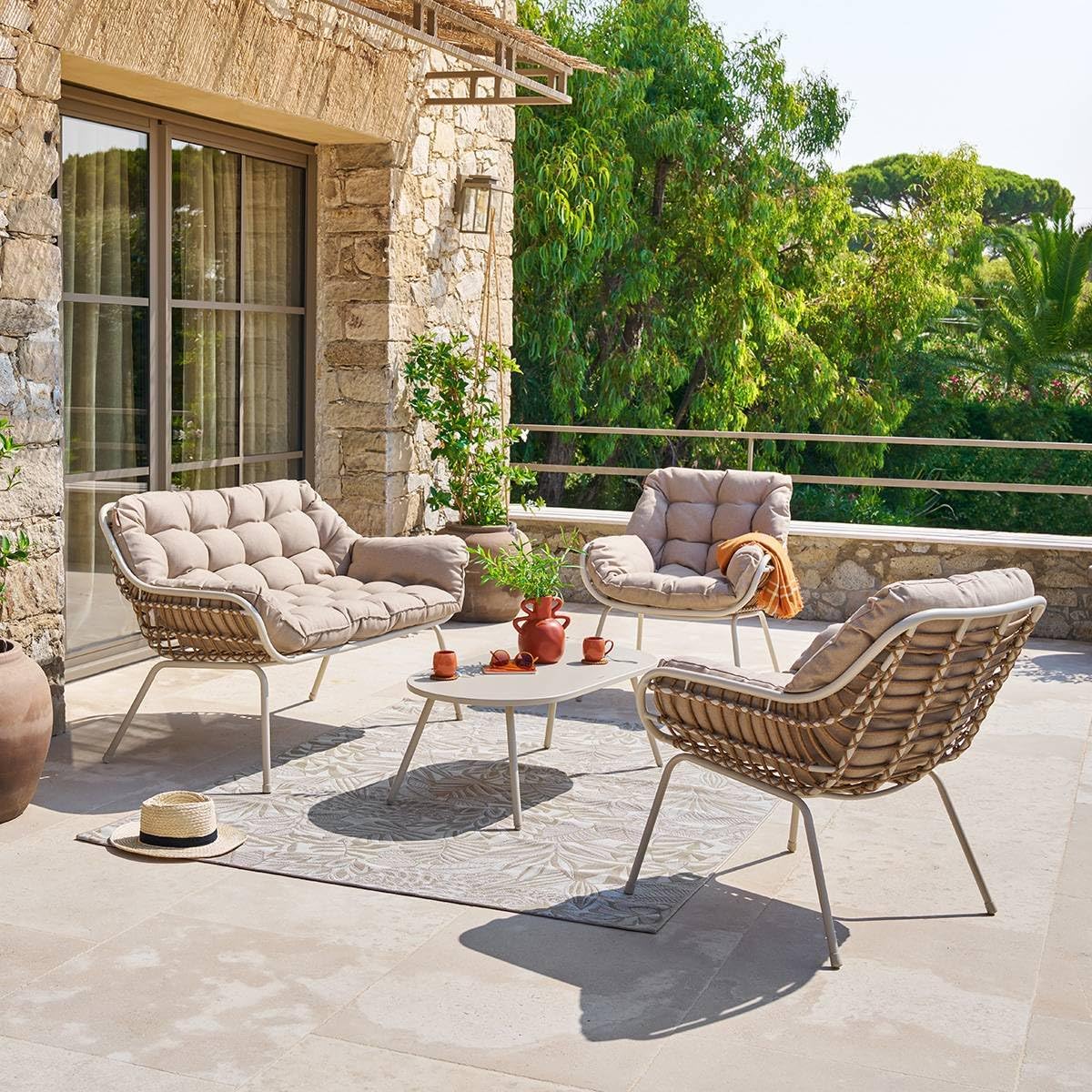 bleujardin - Paopao Beige/Argile - salon 4 places - anti-rouille, coussins confortables