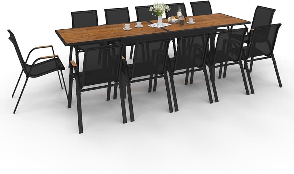 bleujardin - Salon de Jardin NOUMEA Table Extensible 135/270 cm Plateau Effet Bois et 12 chaises empilables Noir et Bois