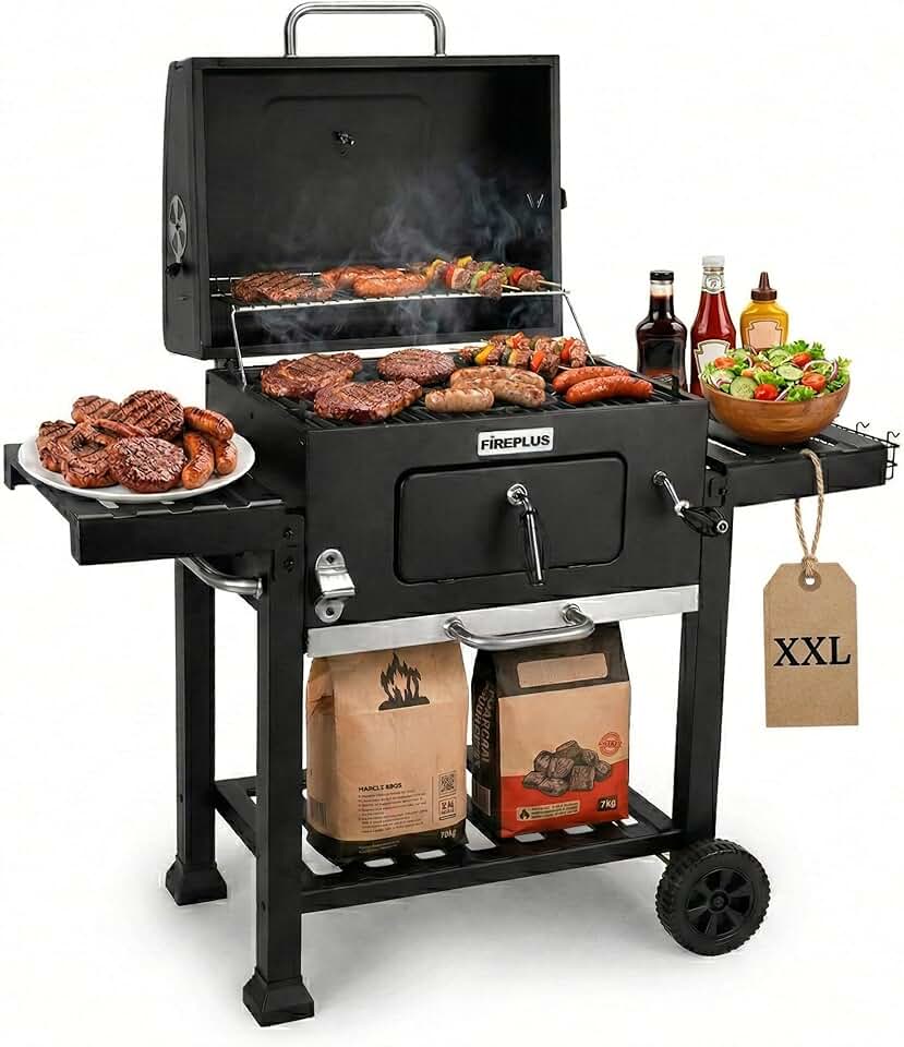 bleujardin - Fireplus Barbecue - 116,5x13,1x56cm - charbon, roues, plateaux, ventilation