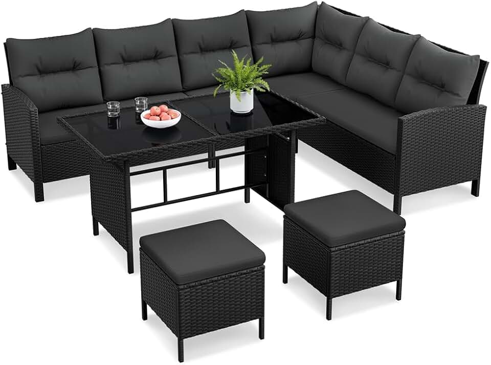 bleujardin - Salon de jardin 4 pièces - polyrotin, ottomans, table - noir/gris