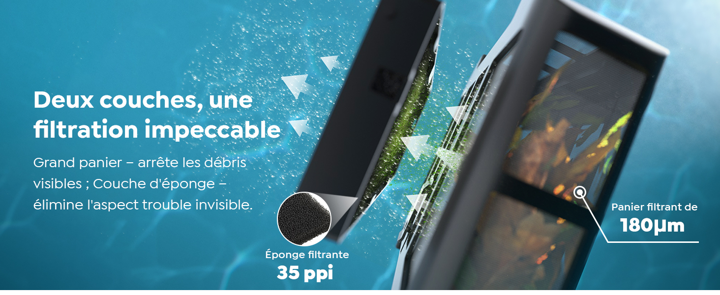 Le texte indique « Deux couches, une filtration impeccable », « 35 psi » et « 180 μm ». Image teintée en bleu montrant un système de filtration d'eau avec mécanisme de filtration à double couche.