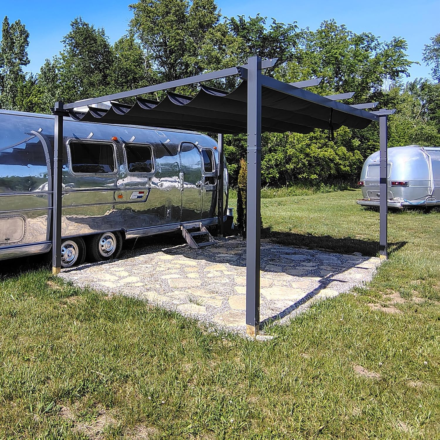 bleujardin - pergola aluminium - 4 x 3,2 m - toit coulissant, tissu teint, gris