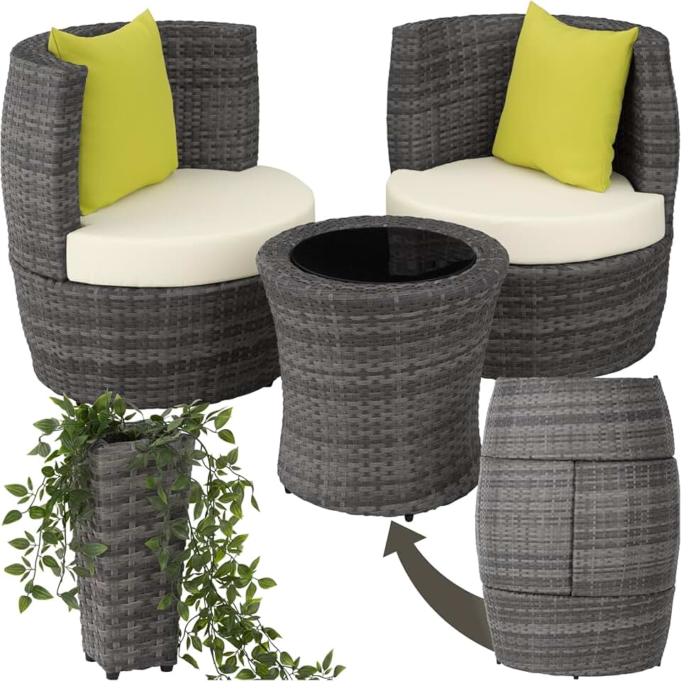 bleujardin - Salon de jardin encastrable 2 places - Aluminium, polyrotin, coussins et pot de fleur - Idéal balcon terrasse