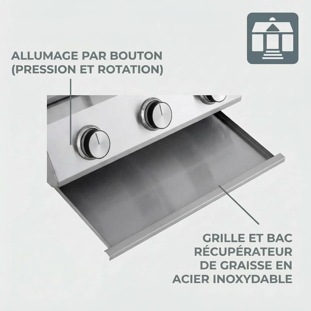 bleujardin - Barbecue à gaz portable - inox - 3 brûleurs, thermomètre, allumage piézo - CATHAN