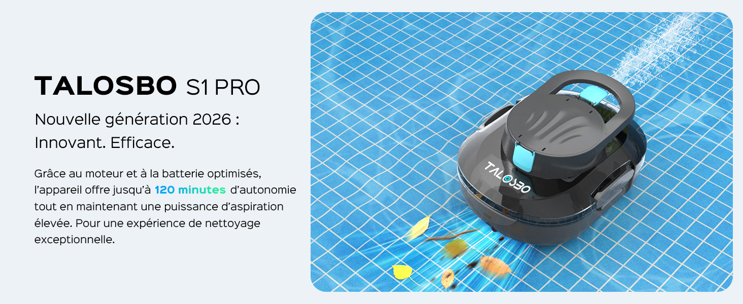 Le texte se lit comme suit : « bleujardin S1 PRO nouvelle génération 2026 ! Innovant. Efficace. » Aspirateur robotique noir avec accent bleu représenté sur une surface quadrillée bleue sous un angle différent.