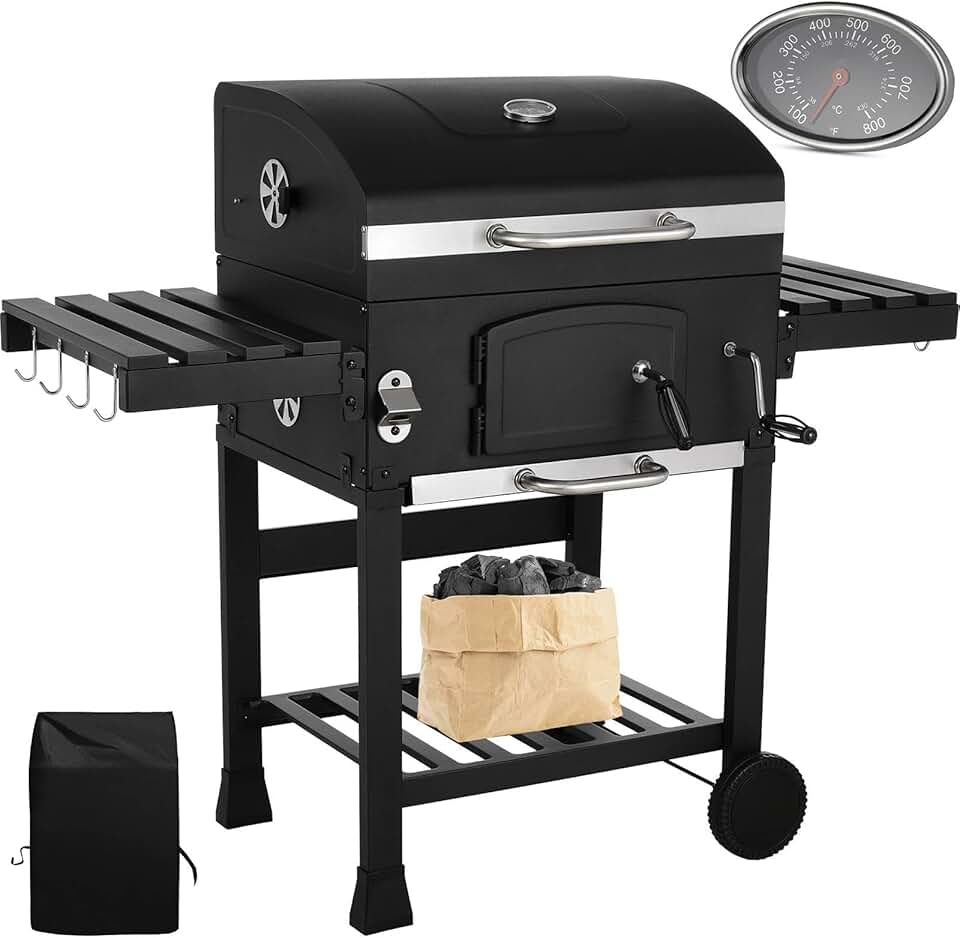 bleujardin - Barbecue charbon XXL - grand chariot, fumoir et thermomètre