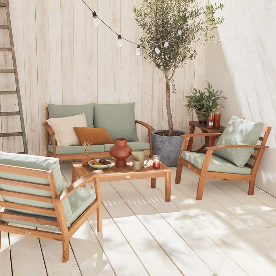 bleujardin - Ushuaïa - Salon de jardin bois 4 places, coussins verts, canapé, fauteuils, table basse