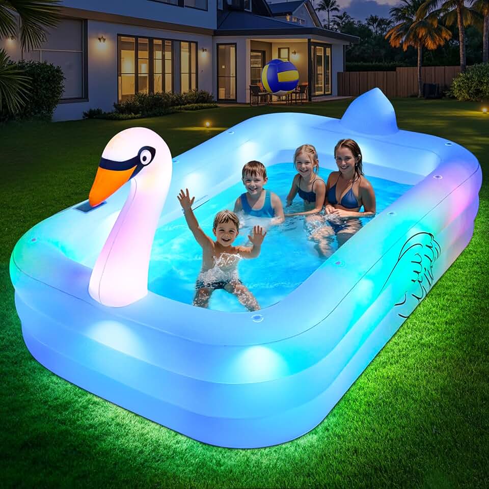 bleujardin Piscine Gonflable avec Lumières, Swan Piscine Gonflable Adulte, 255x160x50cm Grande Piscines Gonflables Rectangulaire, Swimming Pool Surdimensionnée pour Enfants et Famille, pour Jardin