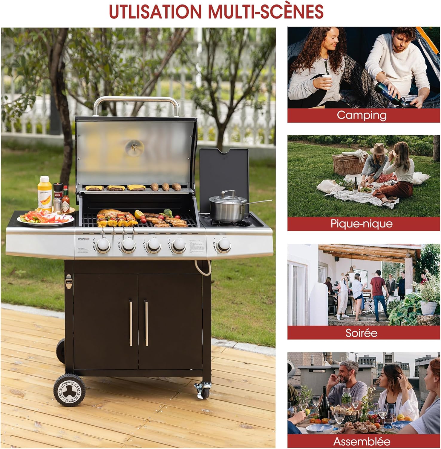 bleujardin – Barbecue Série 4+1 – 14,5kW, inox, tablettes, 2 portes