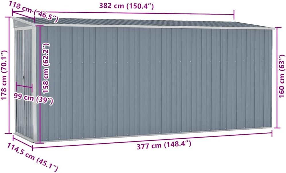 bleujardin Abri de Jardin Mural Gris 118x382x178 cm Acier galvanisé, Maison & Jardin, Pelouses & Jardins, Vie en extérieur, Structures extérieures, Cabanes & abris de Jardin, Gris, (Poids 47.9KG)