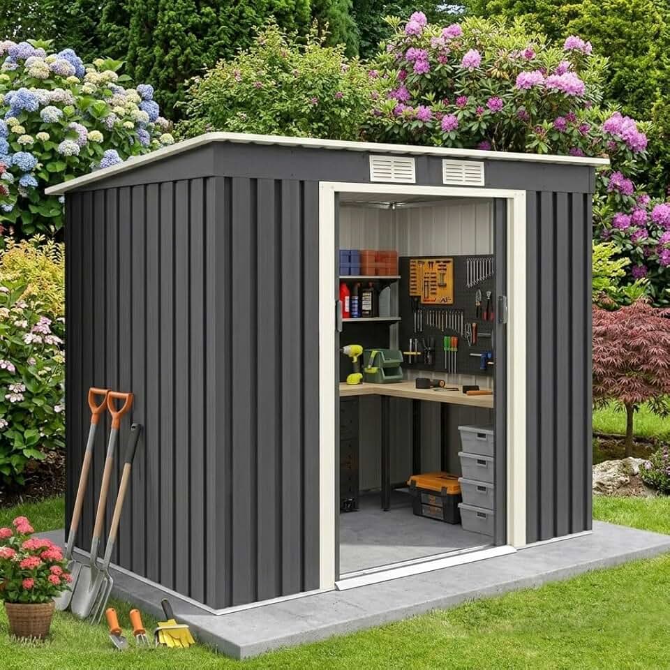 bleujardin 2,37M² Abri de Jardin en Acier Galvanisé Résistant 4,1m³, 213x130x173CM, Cabane de Jardin Exterieur avec 2 Portes Coulissant, 2 Aérations, Toit Incliné, Rangement Outils pour Pelouse, Patio