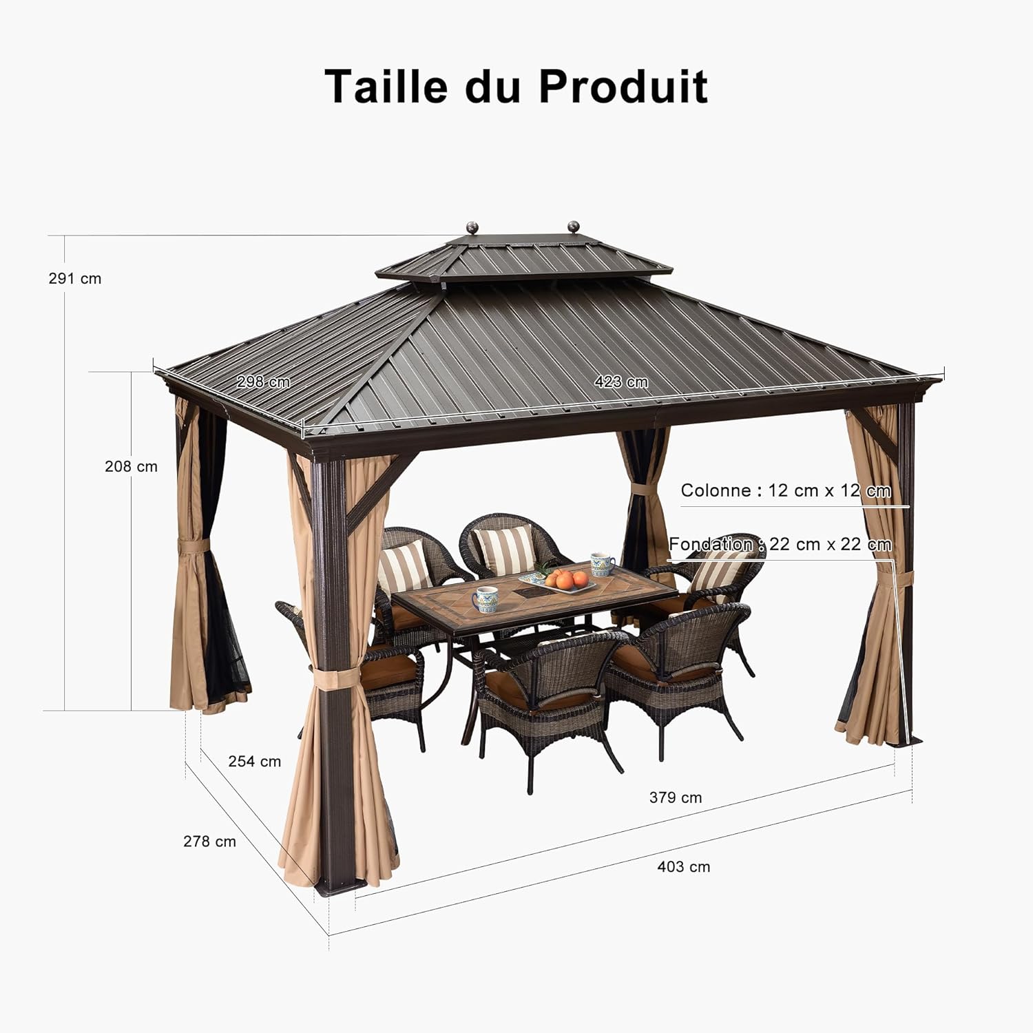 bleujardin - Tonnelle de Jardin 4,25x3m - Acier galvanisé, moustiquaire, rideaux, gouttière, poteaux renforcés, bronze 
