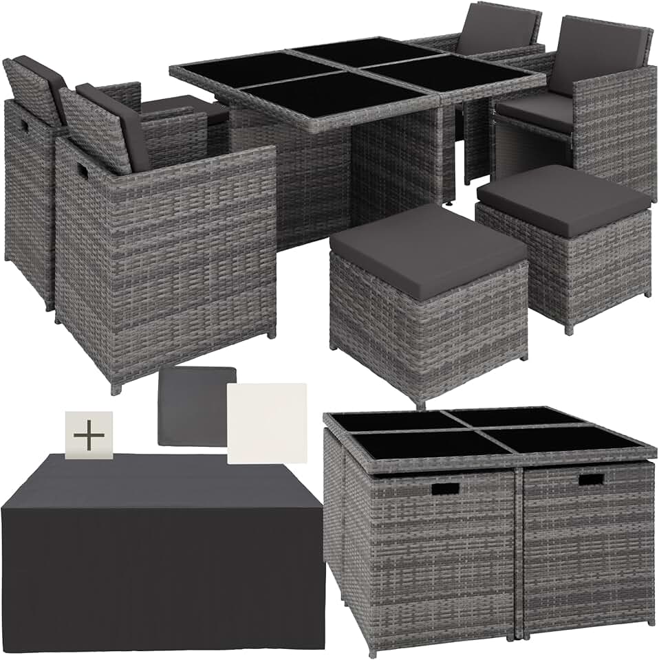 bleujardin - Salon de jardin 8 places aluminium rotin gris, confortable