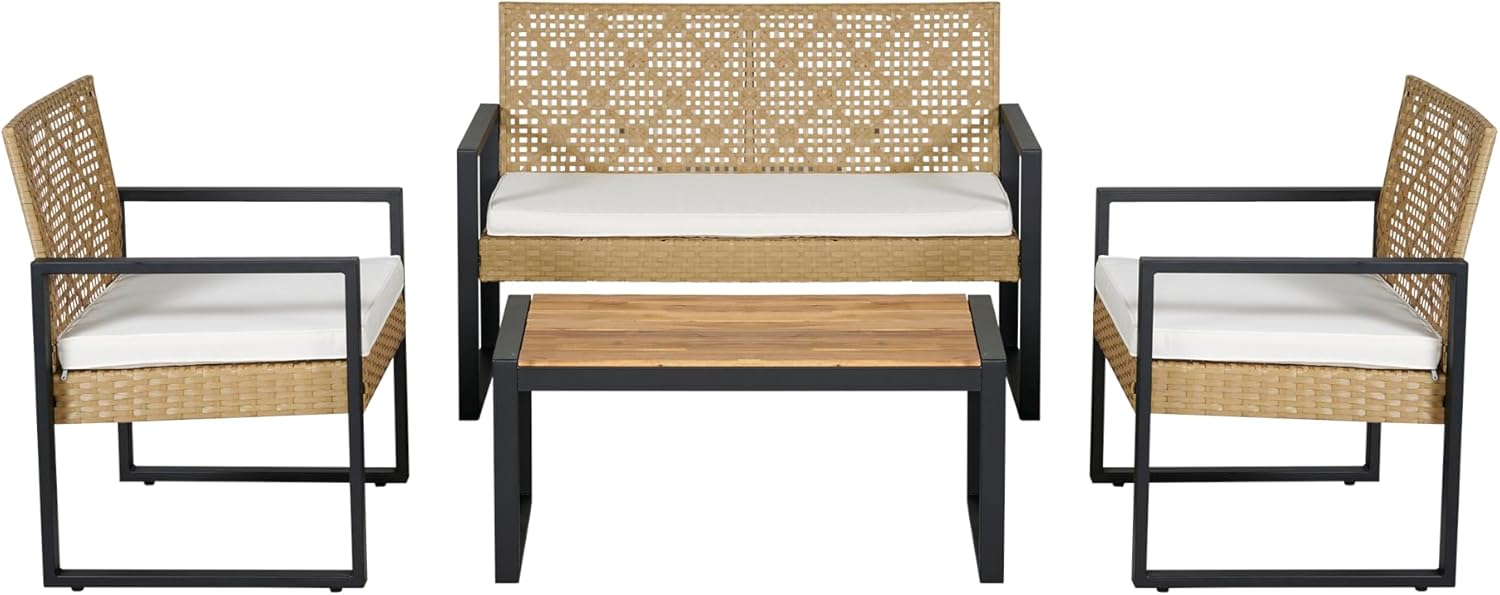 bleujardin - Salon de jardin 4 pièces, acier/acacia, 2 chaises + banc, beige/naturel
