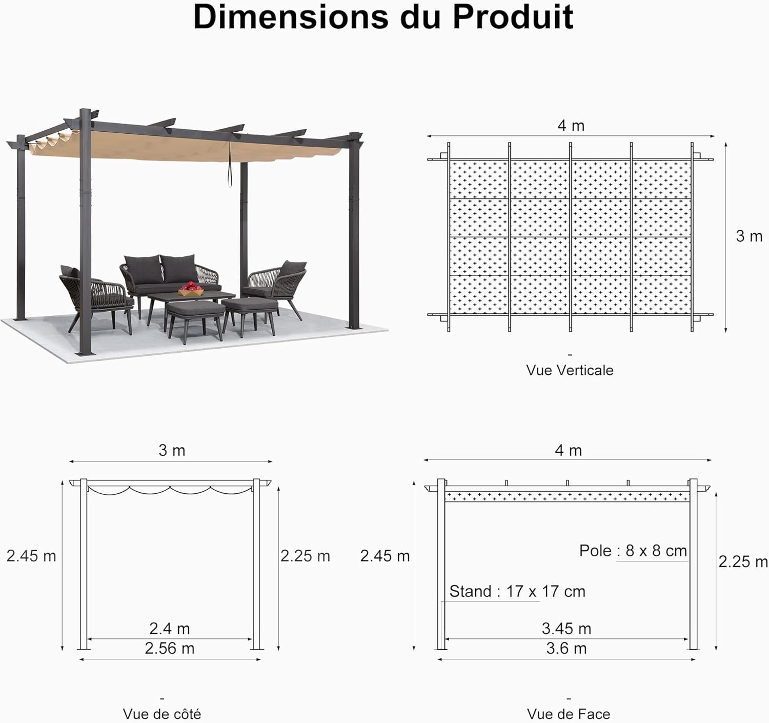 bleujardin - Pergola aluminium LED, toit rétractable, 4x3m, kaki