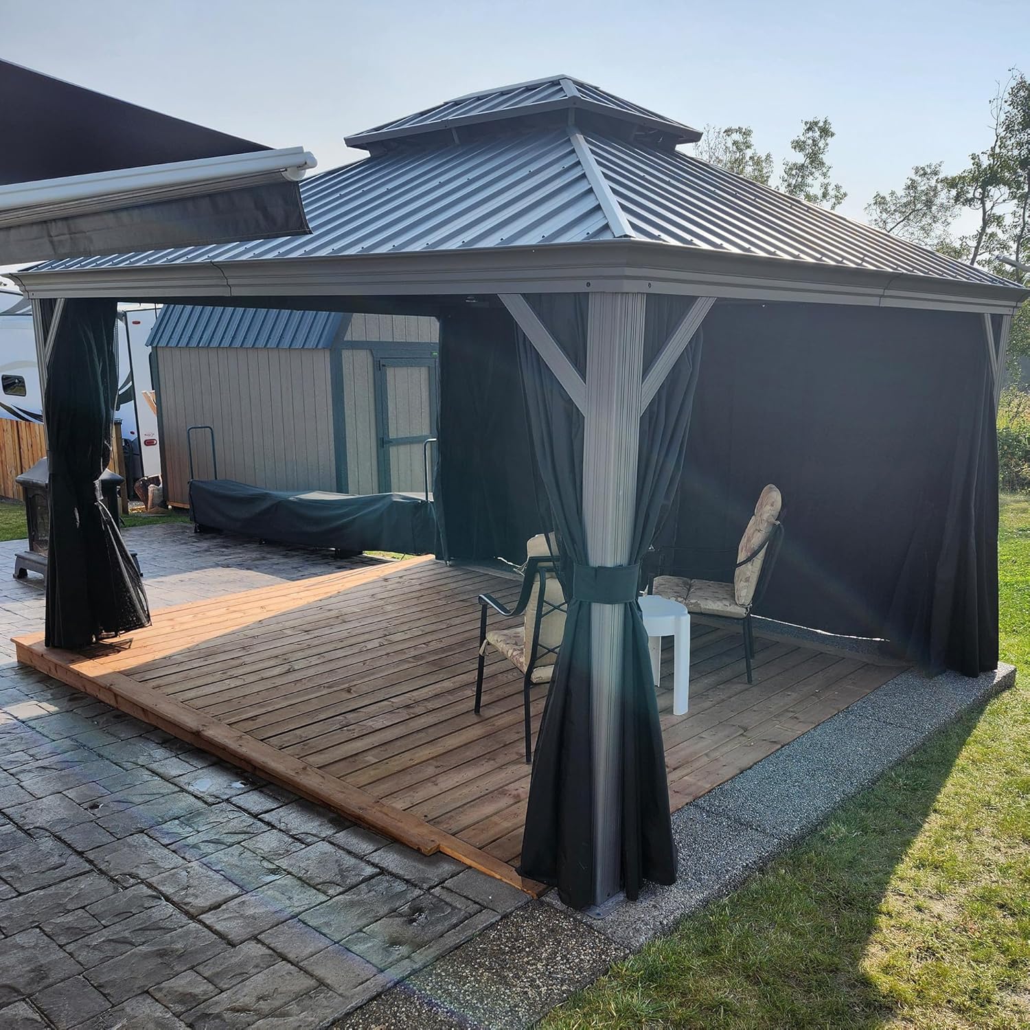 bleujardin - tonnelle jardin double toit - 3,65x4,25m - aluminium, moustiquaire, rideaux