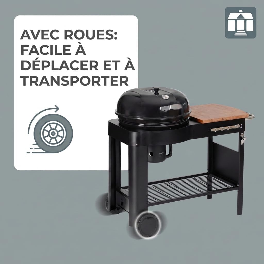 bleujardin - Barbecue Calgary - acier/bois - couvercle thermomètre, tablettes, 2 roues, noir