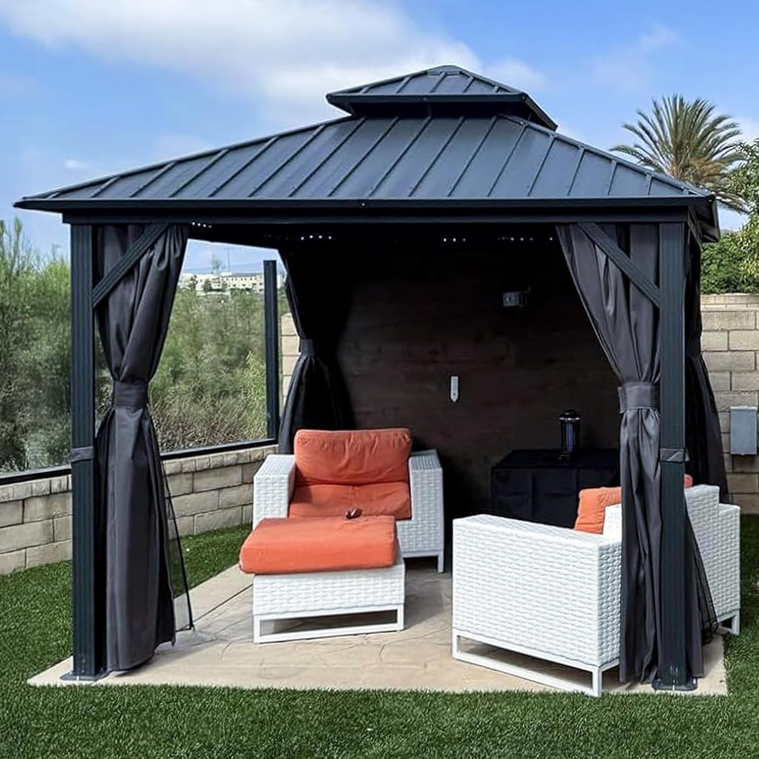 bleujardin - tonnelle extérieur double toit 3x3m, alu et acier, rideaux, guirlande lumineuse