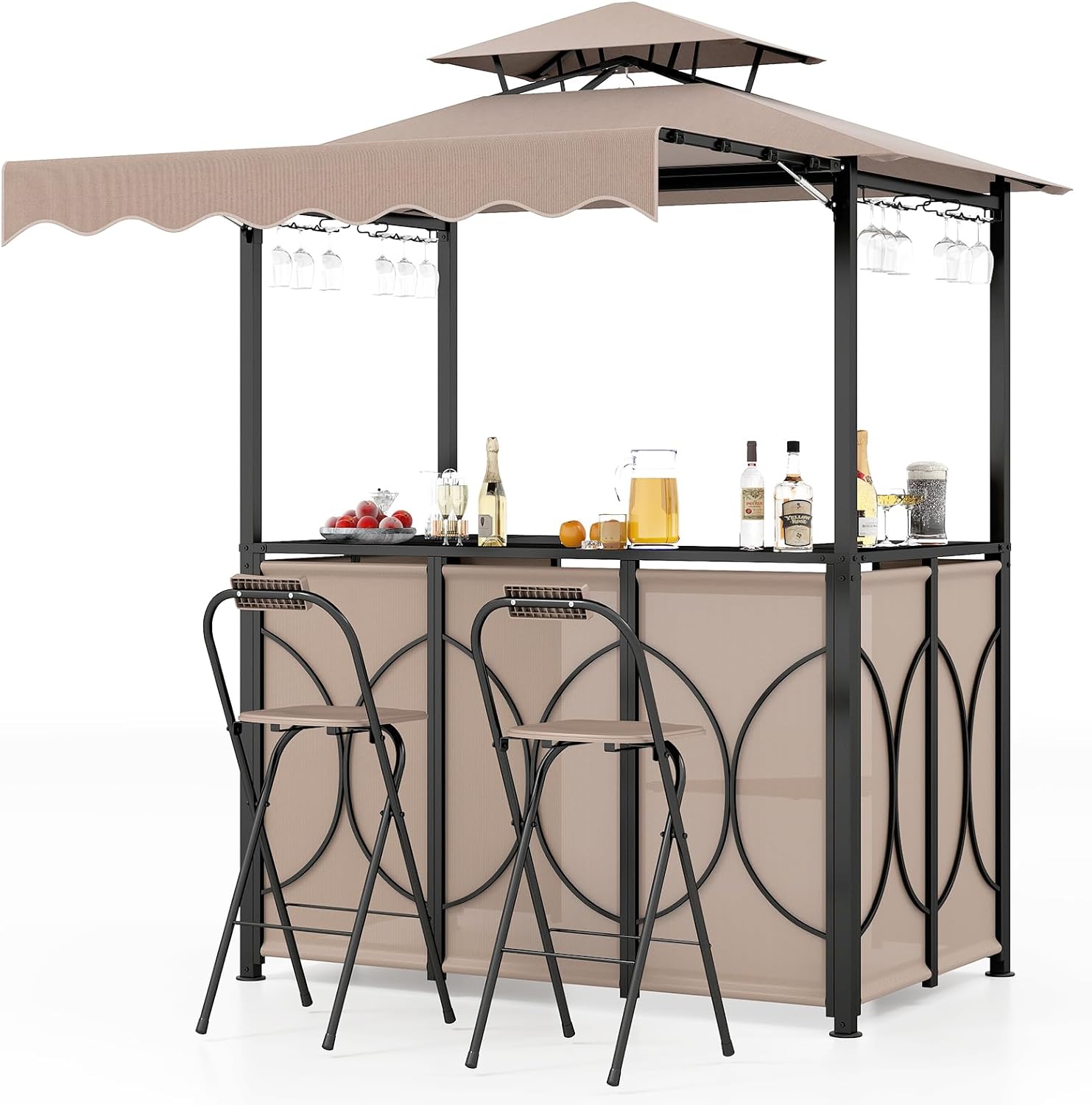 bleujardin - Tonnelle barbecue extérieur 3 pcs, table bar, 2 chaises pliables, double toit, métal, marron