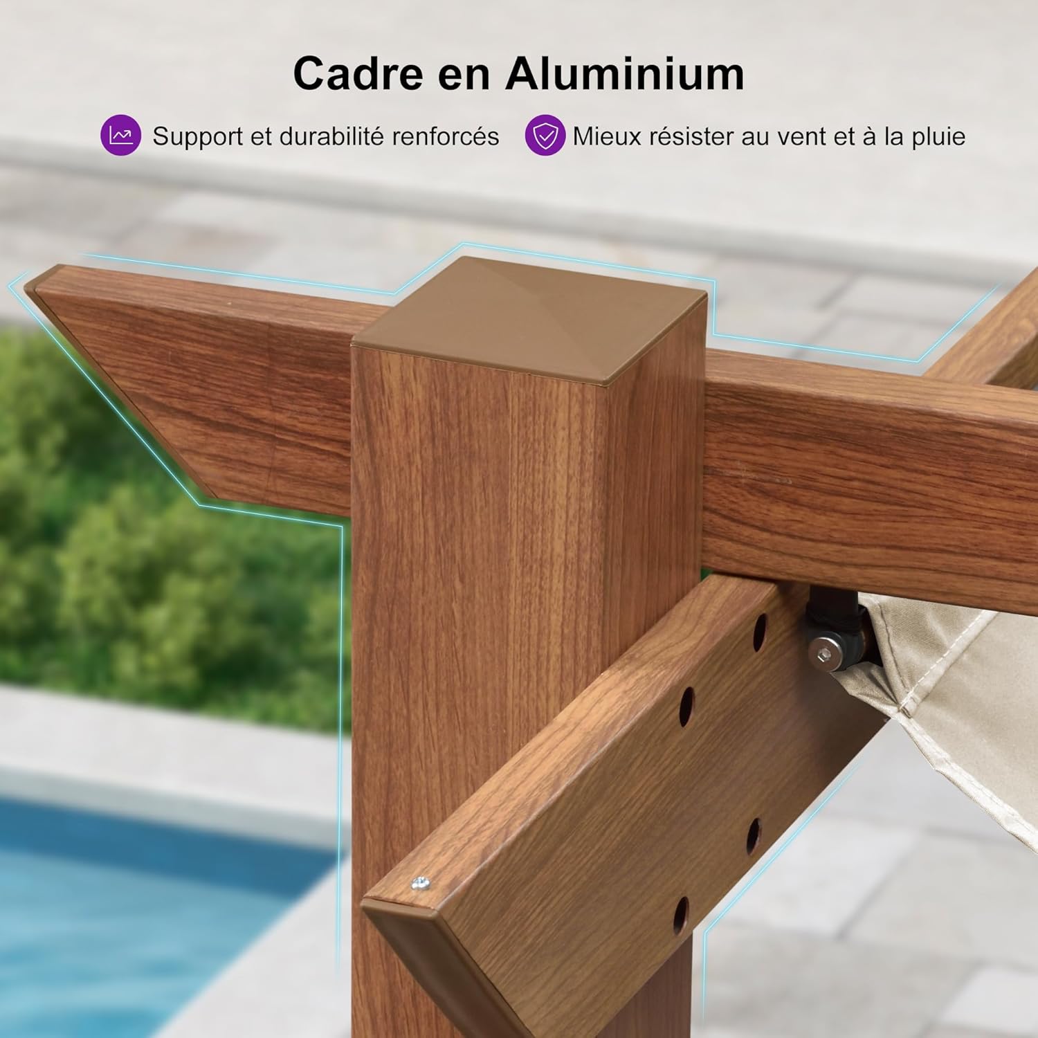 bleujardin - pergola aluminium - 3x3m - teck, toile rétractable, kaki
