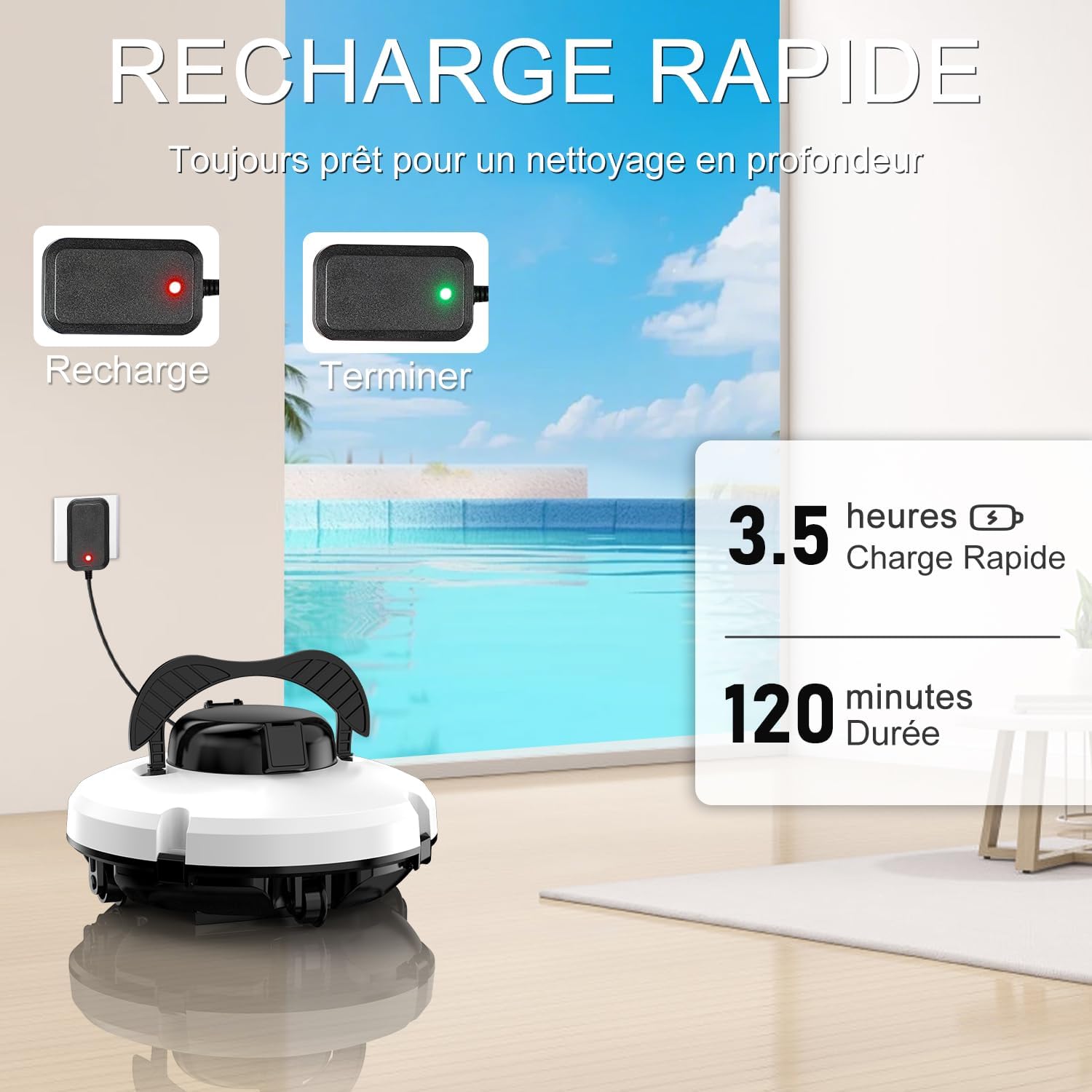 Robot Piscine sans Fil - Double moteur - 100㎡ - Aspiration puissante, 120 min, auto-stationnement