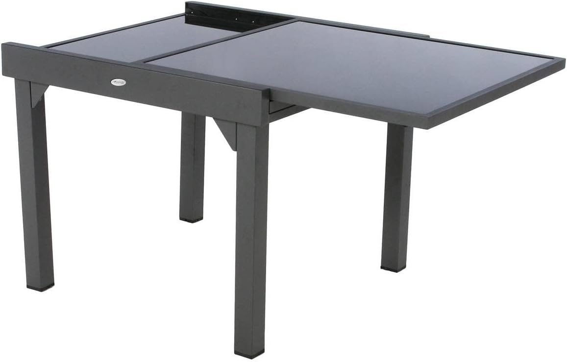 bleujardin - Table Piazza Gris Graphite extensible 8 places - Aluminium anti-rouille, verre trempé, rallonge coulissante.