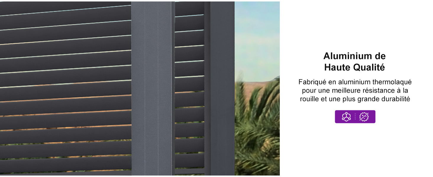 Le texte indique « Microfibre de Haute Qualité ». Détail architectural moderne montrant une clôture à lattes horizontales ou une structure murale.