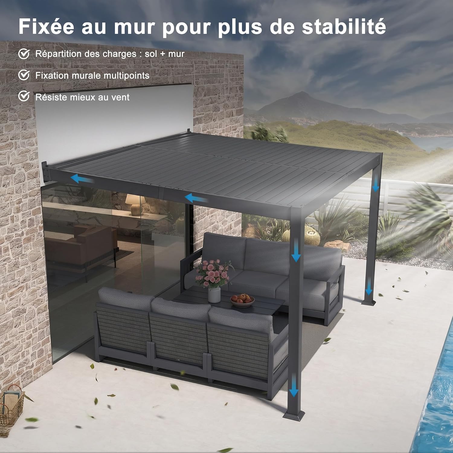 bleujardin - Pergola adossée 3x3.65m aluminium lames orientables durable