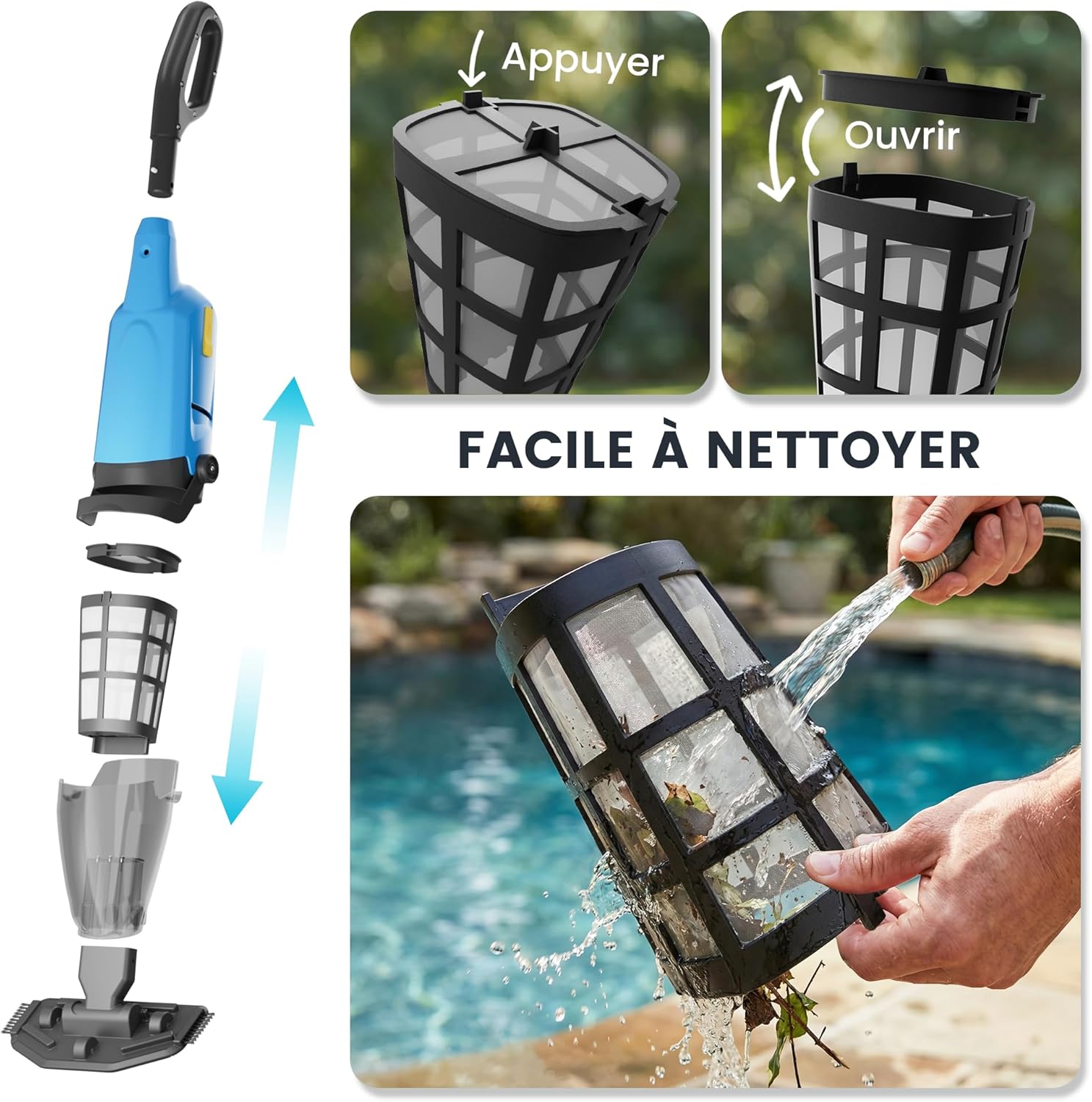 Aspirateur de piscine manuel - sans fil rechargeable, léger, pour piscines et spas