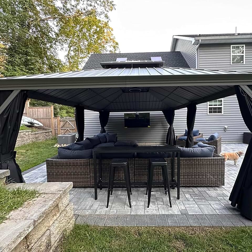 bleujardin - pergola double toit - 4,25x6m - alu, rideaux, moustiquaire, guirlande