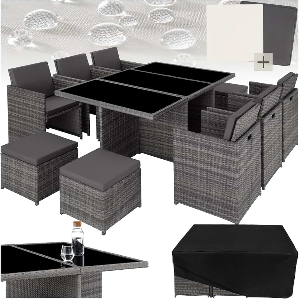 bleujardin - Salon de jardin polyrotin 10 places, housses incluses, gris