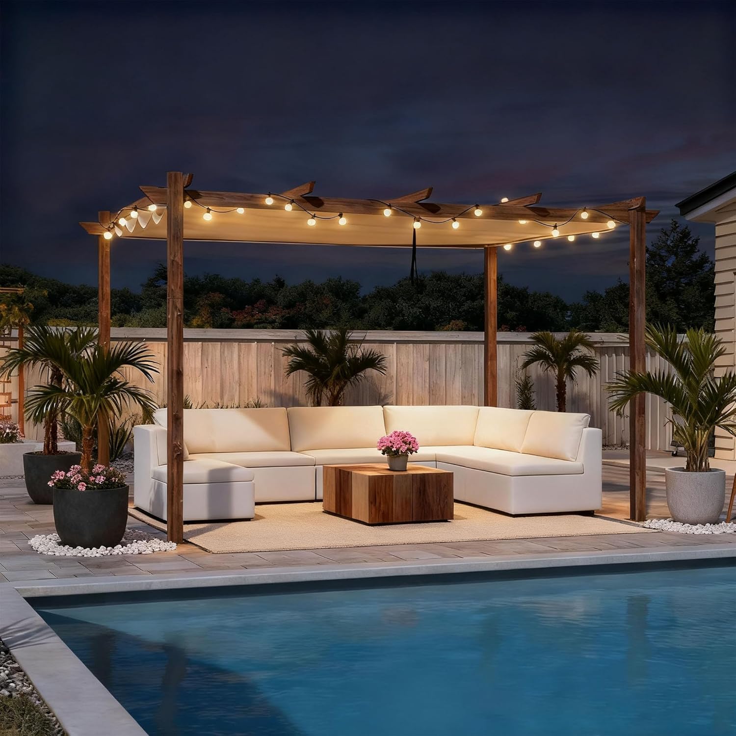 bleujardin - Pergola aluminium 4x3m, toit rétractable, éclairage intégré, finition teck, kaki