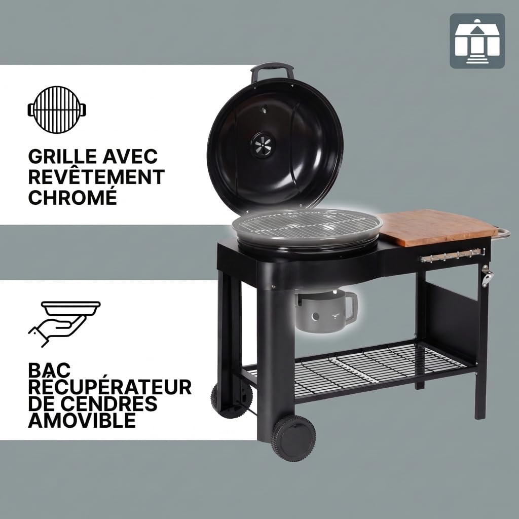 bleujardin - Barbecue Calgary - acier/bois - couvercle thermomètre, tablettes, 2 roues, noir