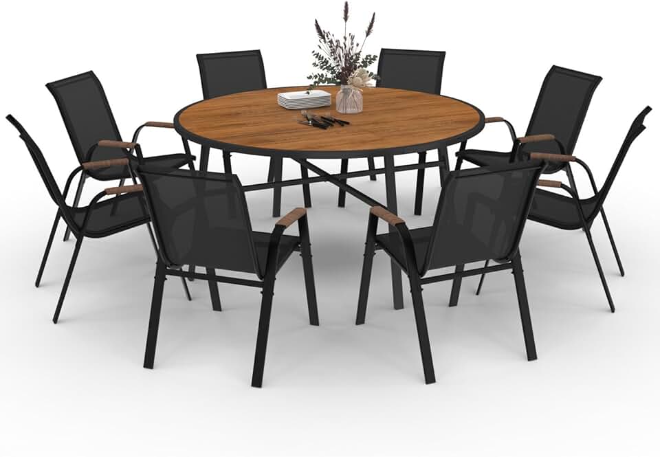 bleujardin - Noumea - Table ø150 cm et 8 chaises empilables, verre et bois