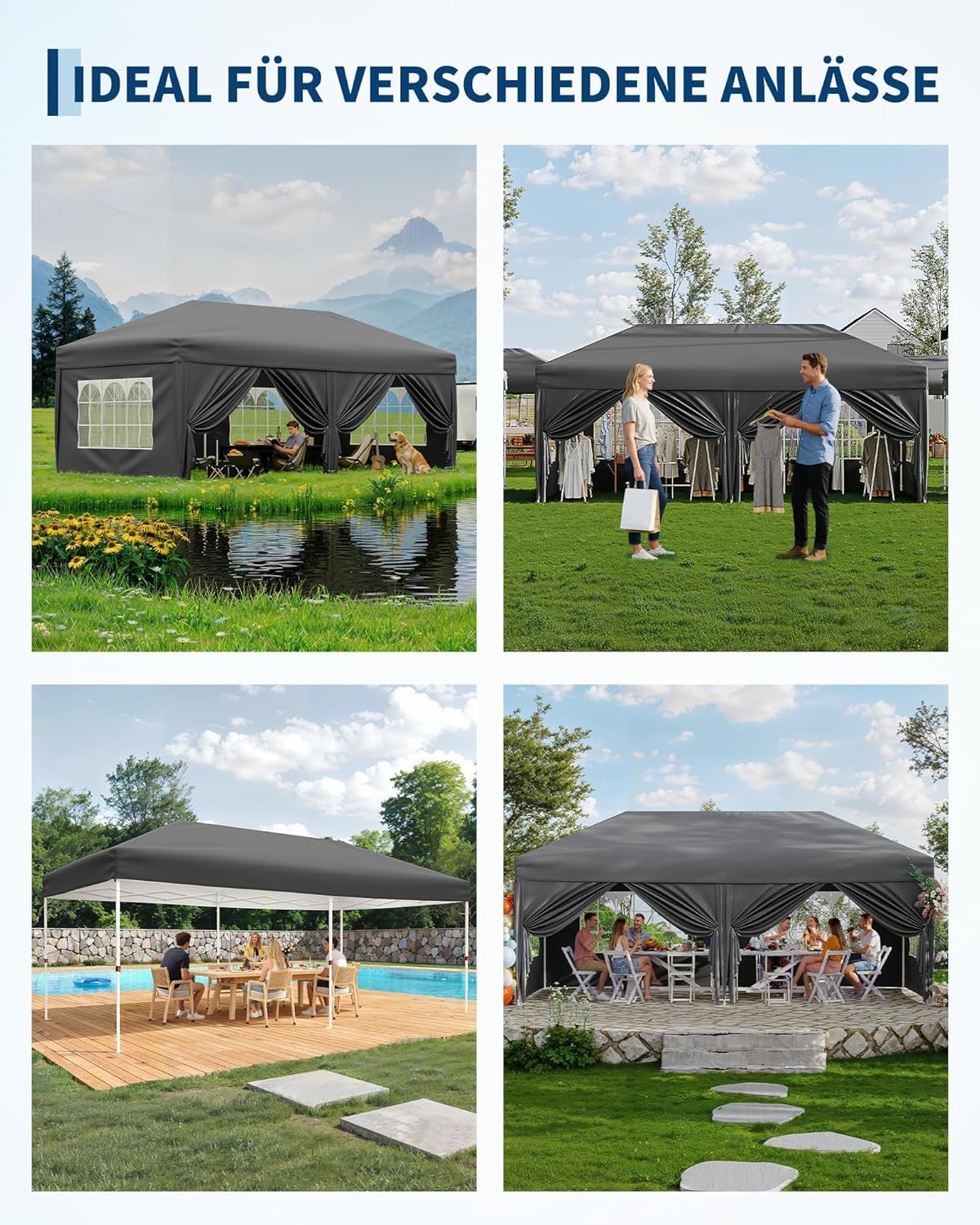 Gravee - Tonnelle pliante série 3x6m - 3x6m - Imperméable et anti-UV, parois latérales, sac de transport