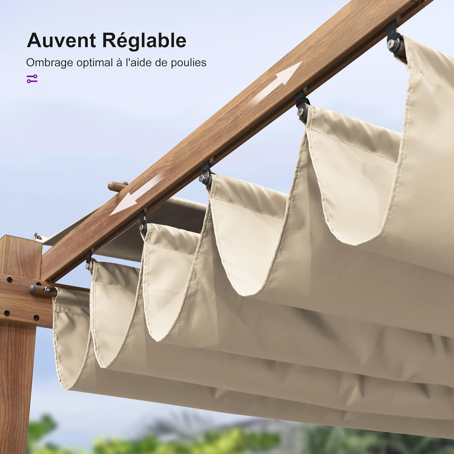 bleujardin - pergola aluminium - 3x3m - teck, toile rétractable, kaki