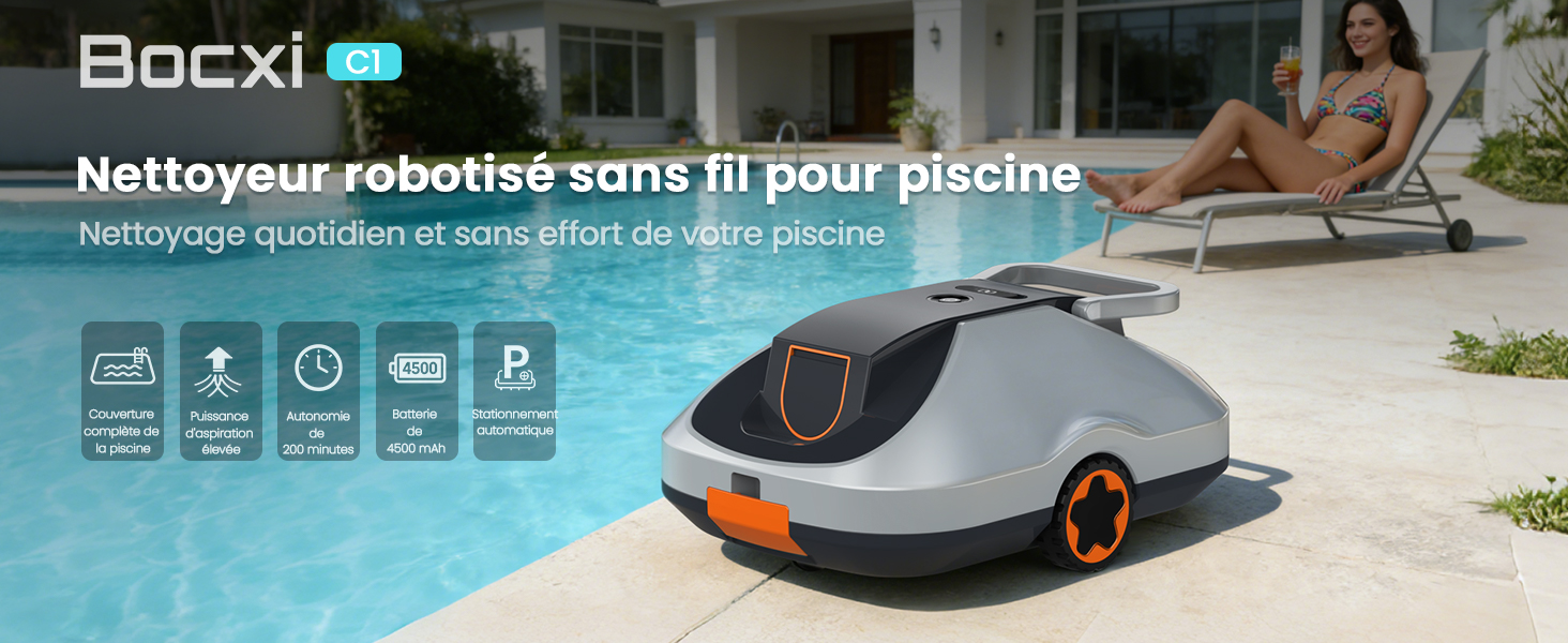 Le texte indique « Image 5 » et « bleujardin ». Aspirateur robot présenté en couleur bleu-gris, avec une image promotionnelle de style de vie le montrant en cours d'utilisation.