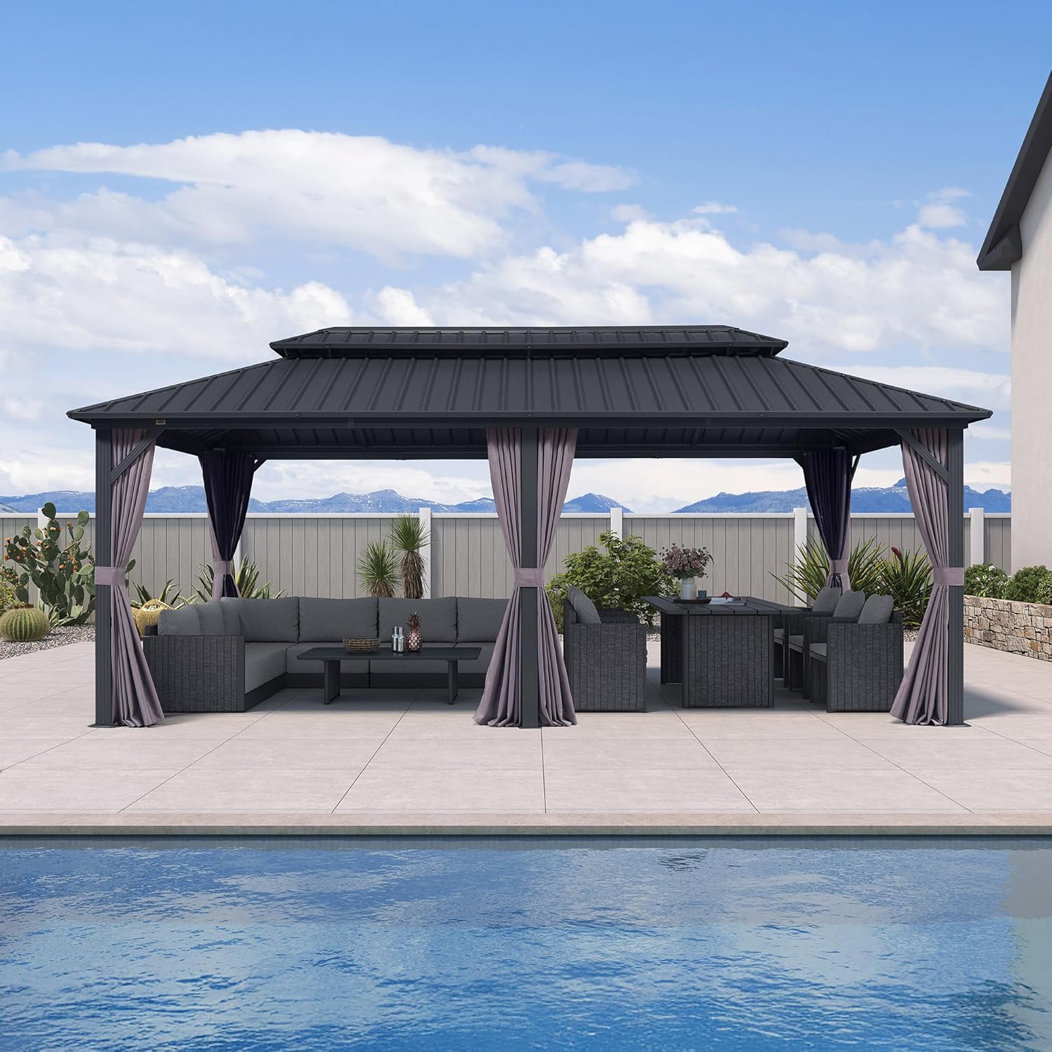 bleujardin - pergola double toit 6x3m, alu & acier, rideaux & moustiquaire