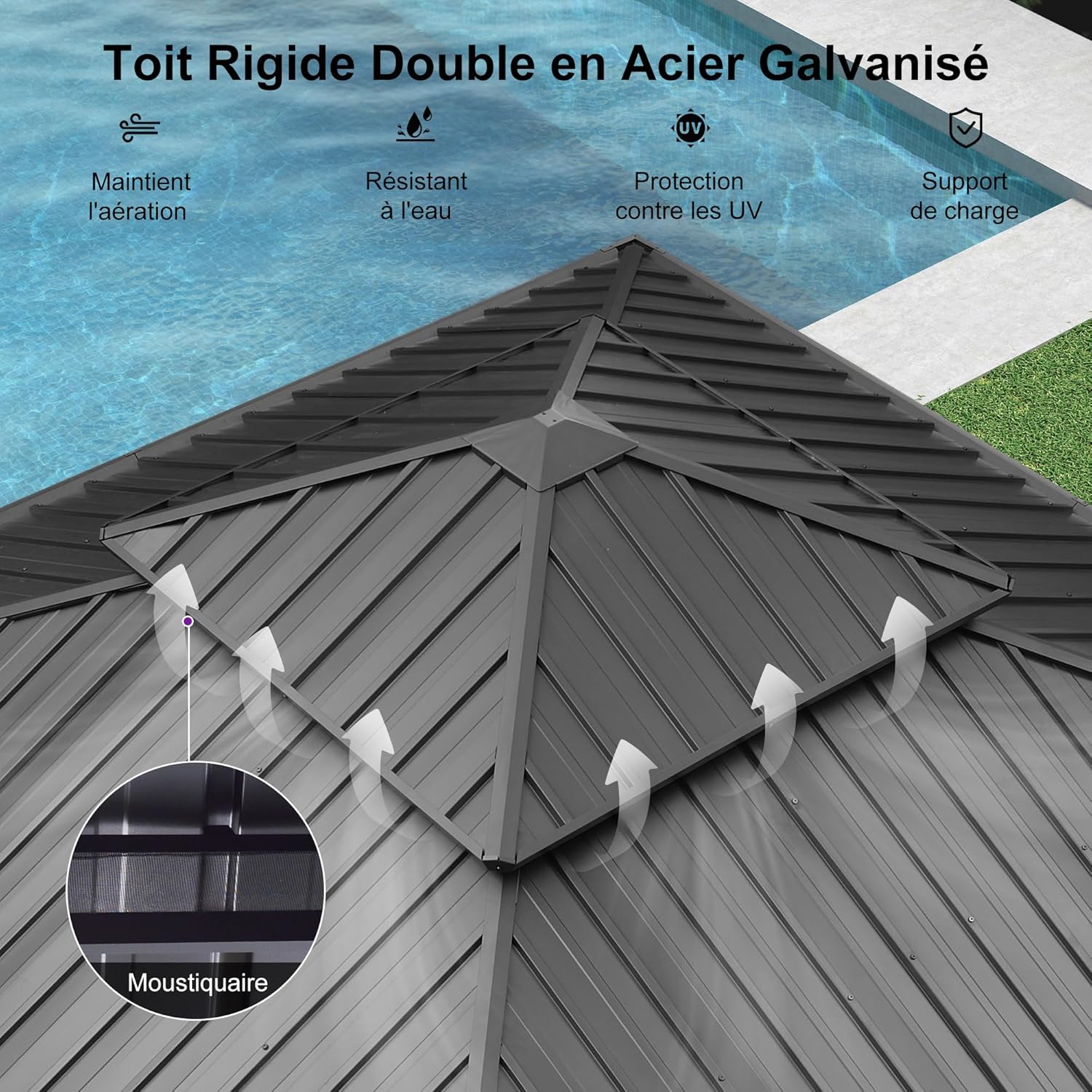 bleujardin - tonnelle double toit acier 4x4m, rideaux, moustiquaire