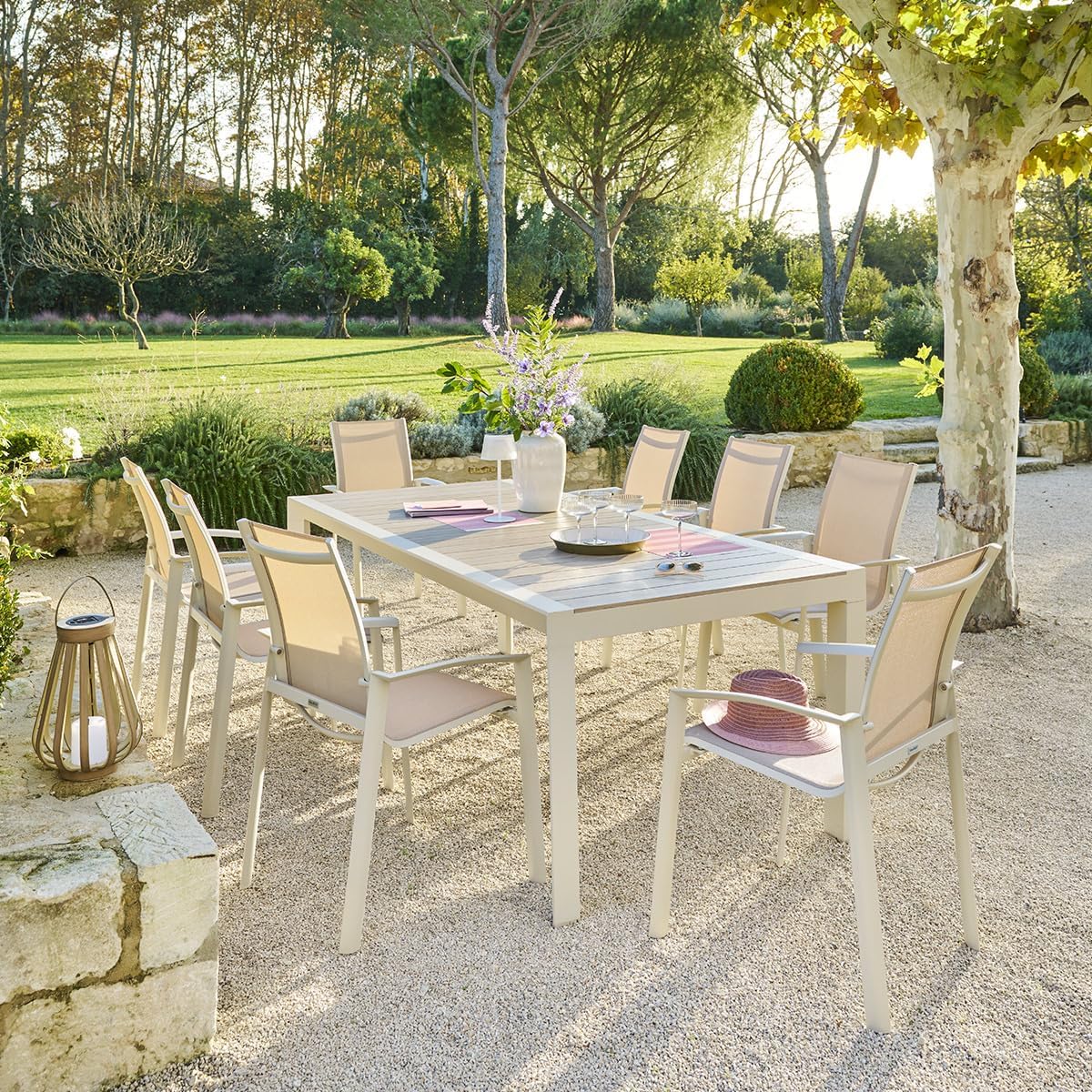 bleujardin - Table de jardin Évasion 8 places - aluminium, effet bois, lin et argile