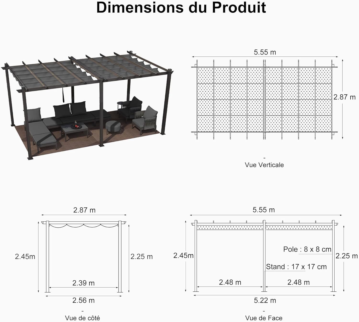 bleujardin - Pergola aluminium 5,5x3m, éclairage LED, toit rétractable