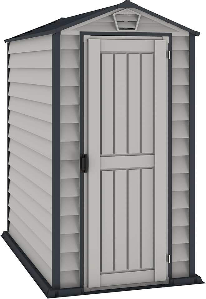 bleujardin EverMore 4 x 6 (1.99 m²) Abri de jardin en plastique, solution de stockage extérieur ignifuge et tout temps, avec plancher en plastique, abri en vinyle sans entretien, Adobe & Grey