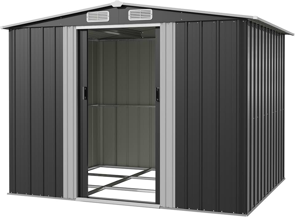 bleujardin Abri de Jardin Métallique 8x6ft, Grand Rangement Extérieur pour Outils, Vélos et Poubelles, Toit Penté et Ventilation Inclus, Résistant aux Intempéries, pour Jardin, Terrasse et Pelouse, Noir