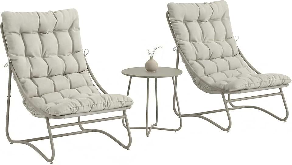 bleujardin - Salon Bistro 3 pièces - table ronde, chaises textilène, coussins - mobilier de jardin métal, 2 personnes, gri