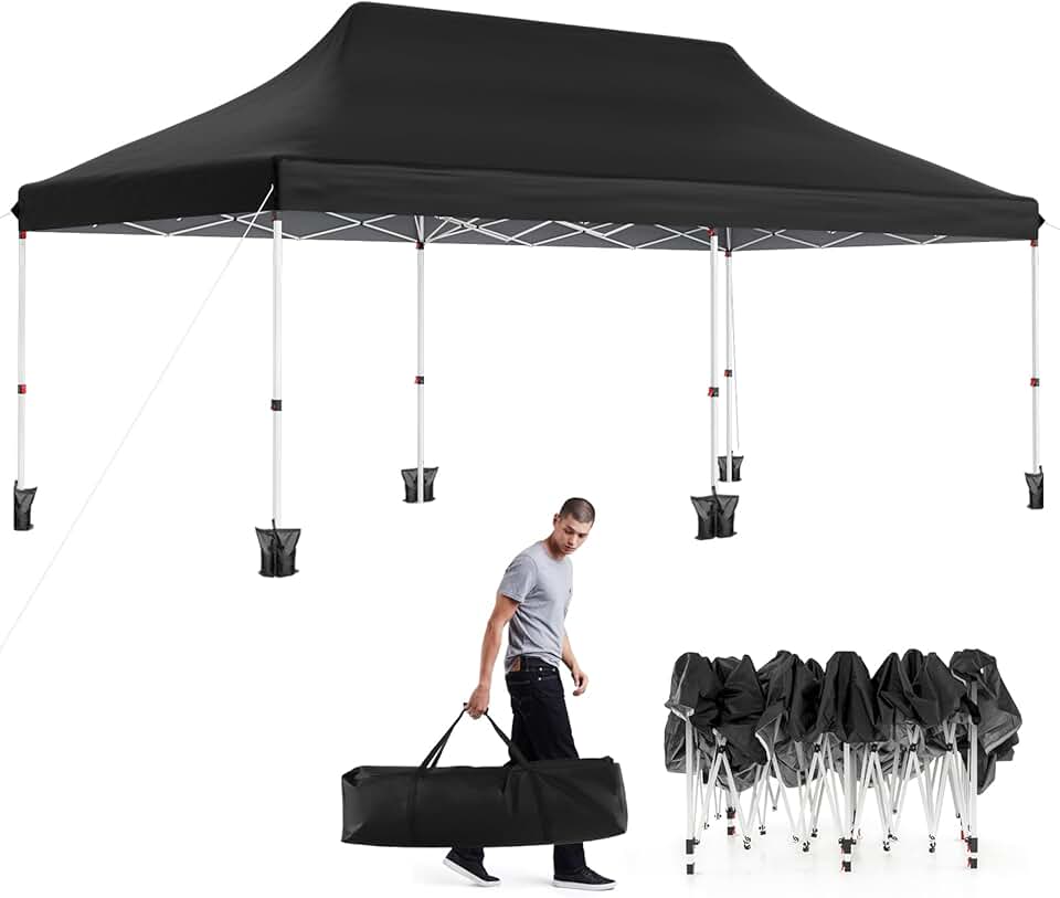 bleujardin Tonnelle Pliante 3x6m Imperméable, Tonnelle Barnum Pliante 3x6 de Jardin Exterieur, Sac de Transport, Sac Lesté, Pavillon de Jardin Pop-Up pour Fête, Mariage (Noir|sans Bâche)
