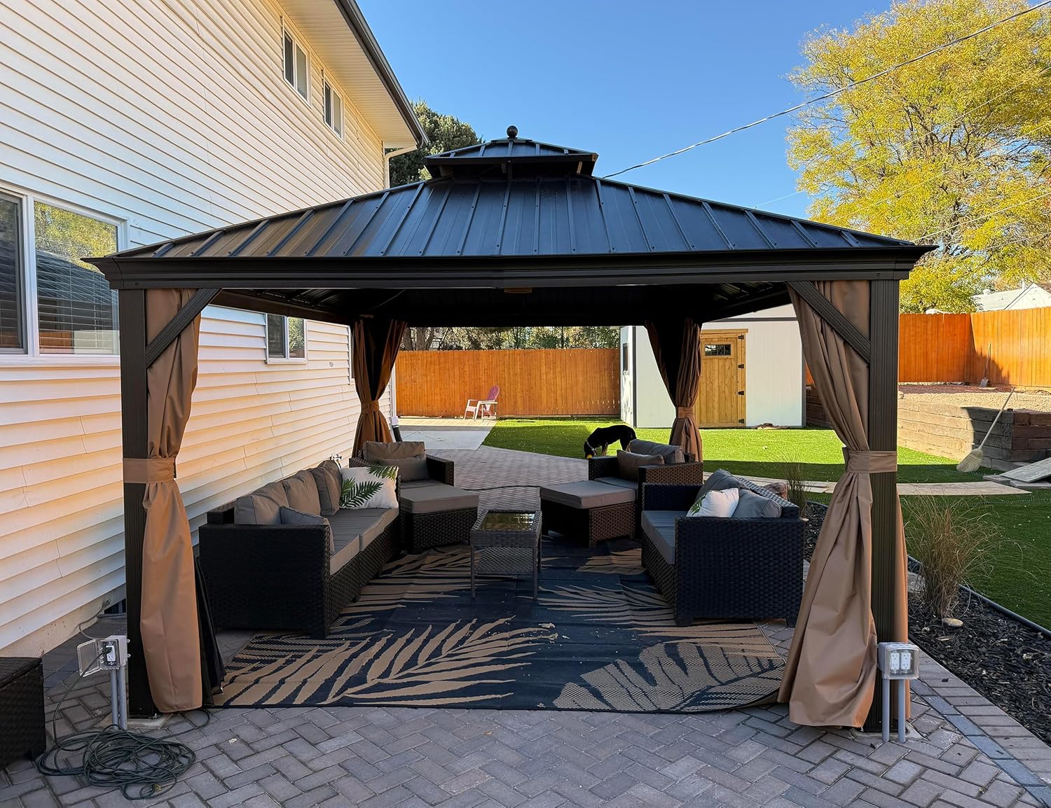 bleujardin - Pergola toit double 4,85x3,65m acier moustiquaire rideaux