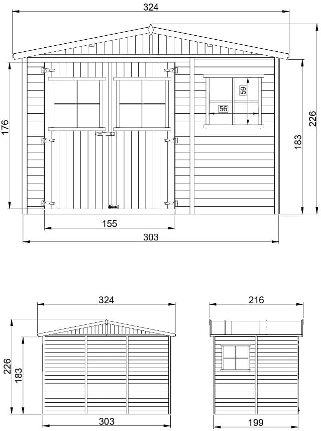 Abri de Jardin en Bois Exterieur avec Les PLANCHERS IMPRÉGNÉ- Cabane de Jardin en Pin/épicéa-H226x324x216 cm/6m2- Construction de Panneaux- Rangement pour vélos, Remise à Outils- bleujardin M334+M334G