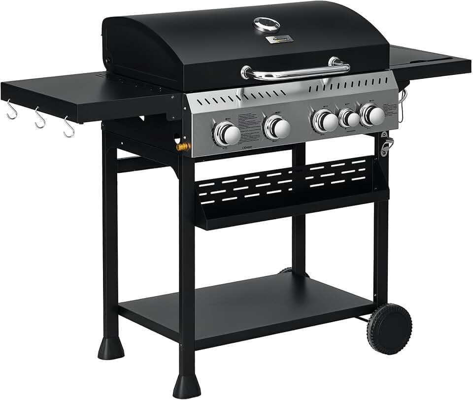 bleujardin - Barbecue gaz 4+1 brûleurs 12,5kW - roulettes, étagères
