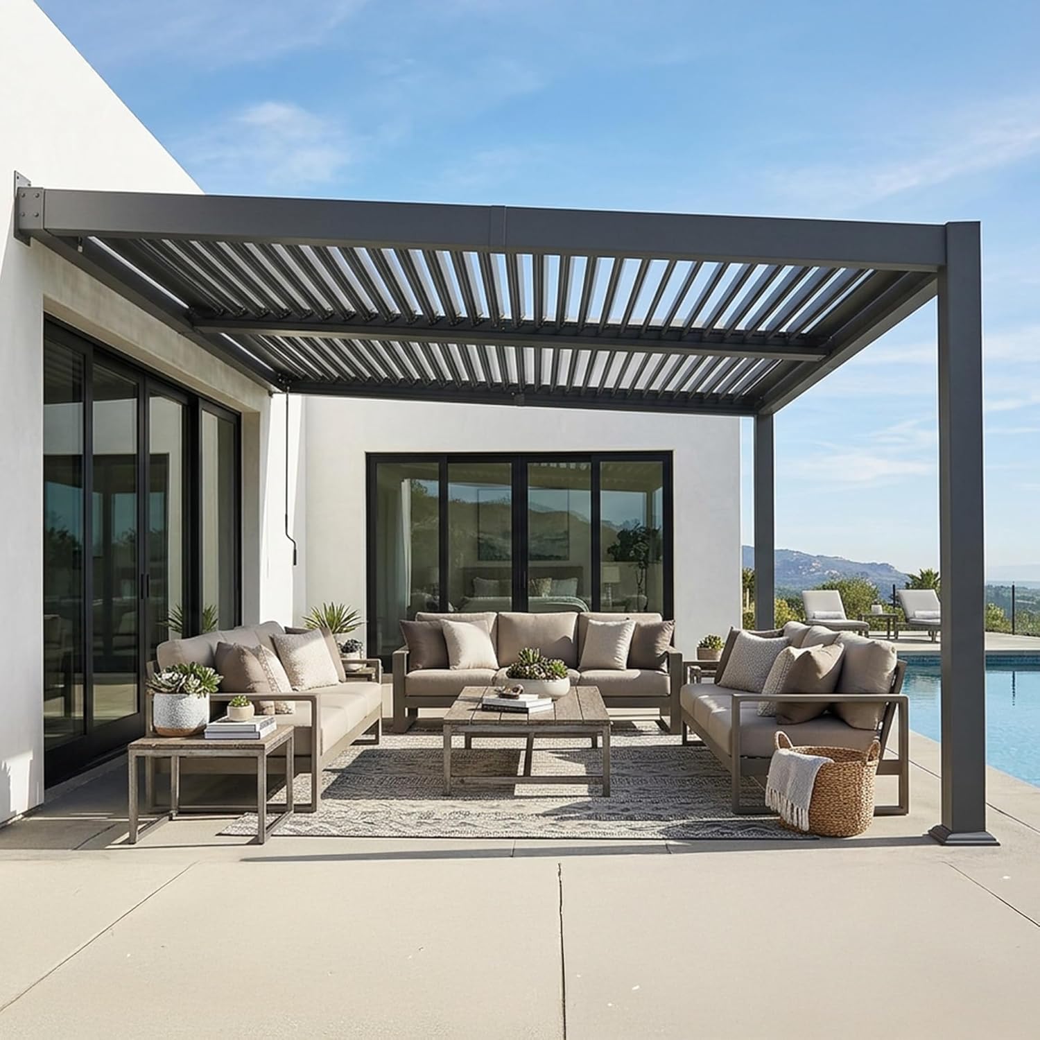 bleujardin - Pergola bioclimatique adossée - 3x4,25m - aluminium, lames orientables, résistante UV et pluie